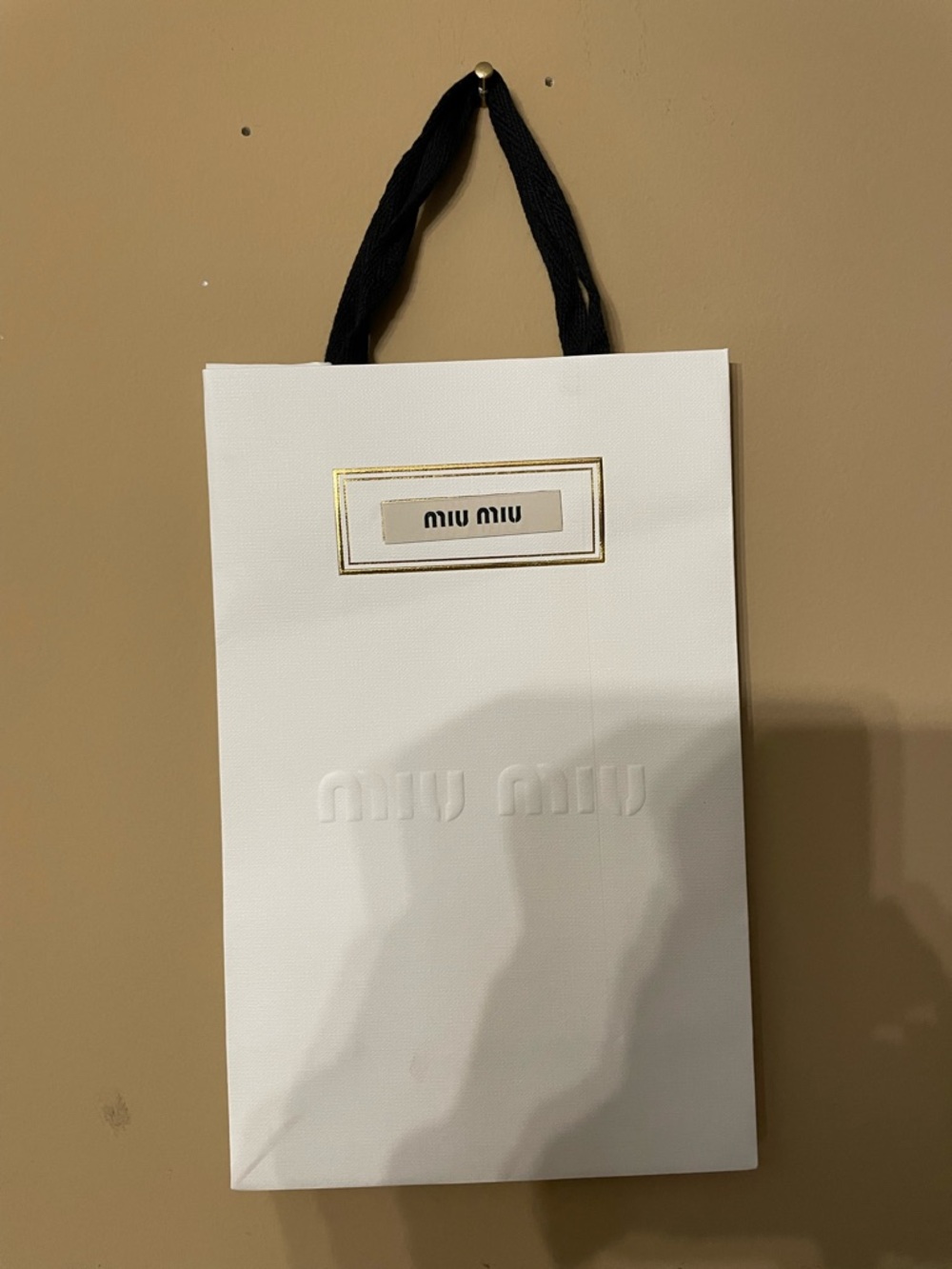 Miu Miu White Shopping Bag with Black Ribbon Handles 6.5” x 10”